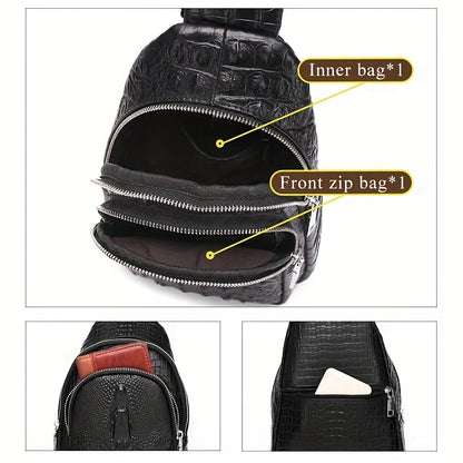 SCHLATUM Genuine Leather Crocodile Pattern Sling Bag - Black, Large-Capacity Multifunctional Crossbody Backpack for Travel, Sports  Camping, Stylish Zipper Closure Design