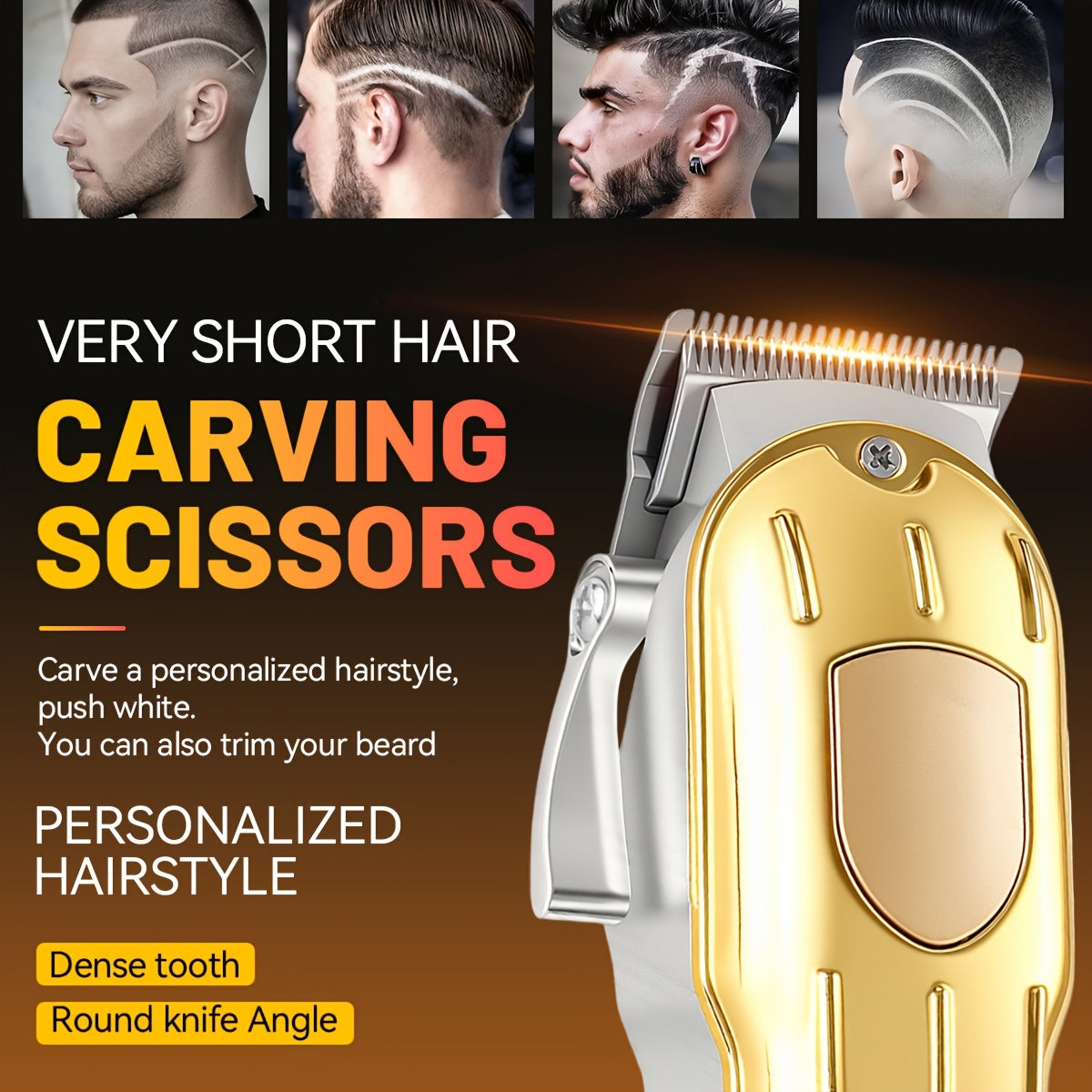 One Piece of a Golden Electric Hair Clipper for Men, Featuring a Professional-Grade Design with an Adjustable Serrated Blade, Four Comb Attachments of Varying Sizes, USB Charging Capability - ayq