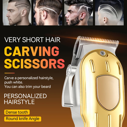 One Piece of a Golden Electric Hair Clipper for Men, Featuring a Professional-Grade Design with an Adjustable Serrated Blade, Four Comb Attachments of Varying Sizes, USB Charging Capability - ayq