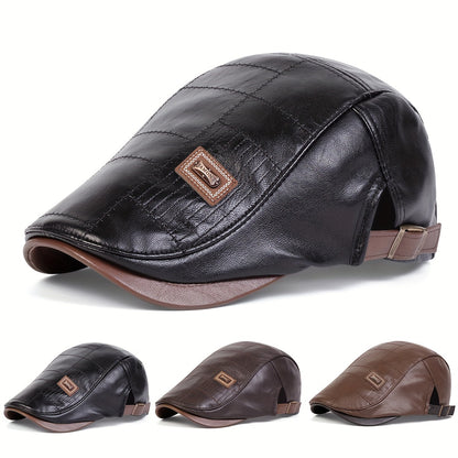 Retro Classic PU Leather Gentlemen Forward Hat, Adjustable Casual Beret For Autumn And Winter Travel