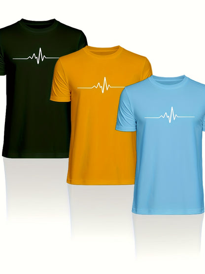 Men'S Brown T-Shirt with ECG Heartbeat Graphic - Casual Streetwear, Short Sleeve, Round Neck, Stretch Fabric, All-Season Comfort, Casual Streetwear Tee   Round Neck Tshirt   Comfortable Fit