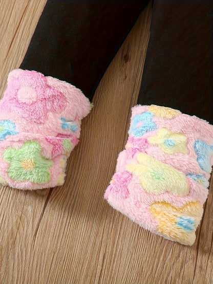 Girls' Autumn and Winter Fashion Warm Set with "Smile" Embroidery, Colorful Floral Appliqué Fleece Jacket and Flared Pants Outfit, Perfect for Outdoor