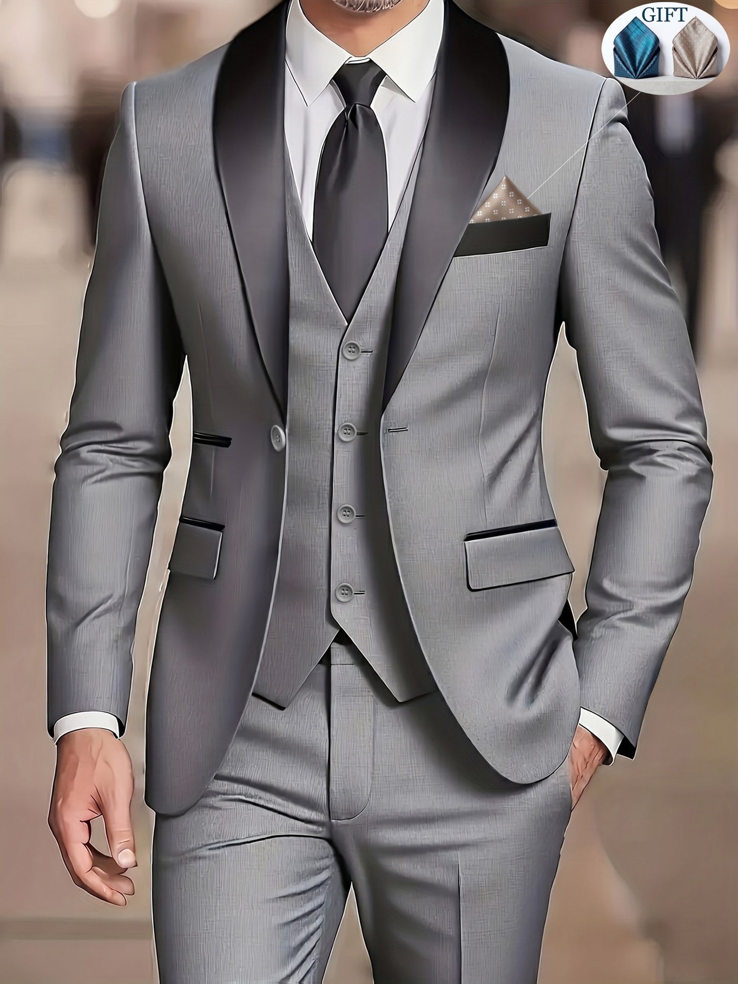 Men's Slim-Fit Notch Lapel 3-Piece Suit with Vest and Pants