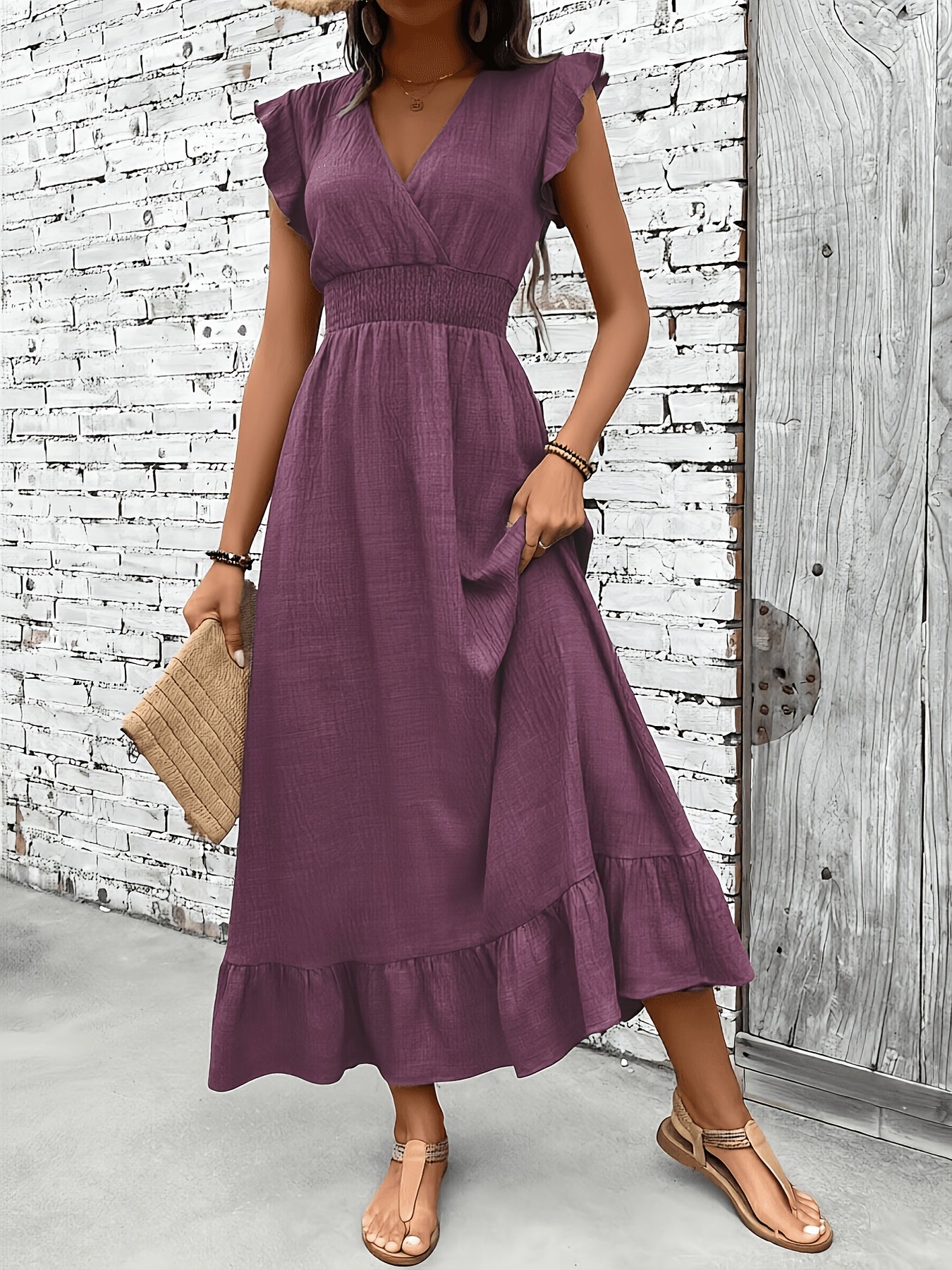 Women's Casual Waist-Cinching Maxi Dress with V-Neck