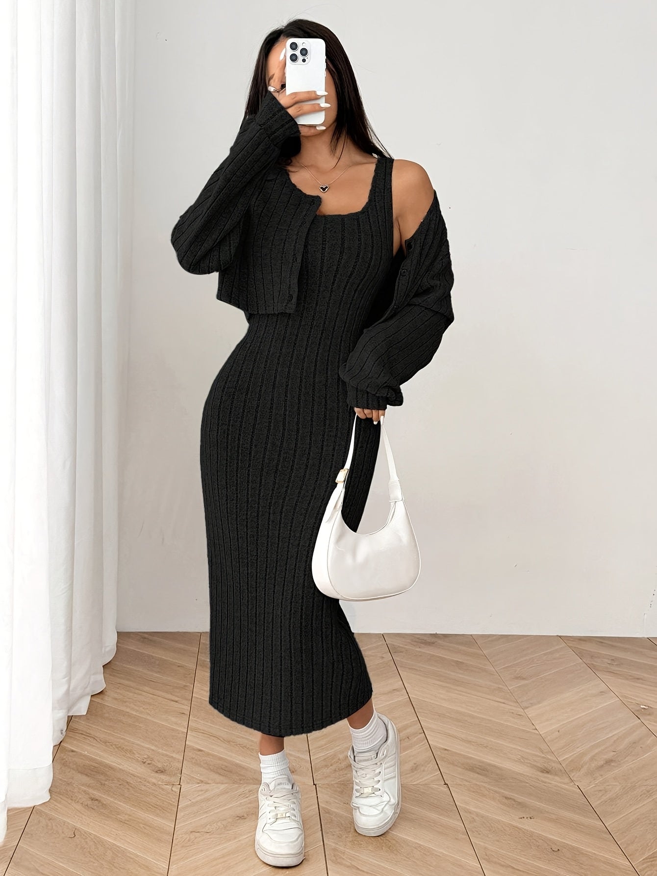Women'S Autumn And Winter Outfit Featuring a Long-Sleeve Top with a Coat And a Camisole Dress in a Two-Piece Set.