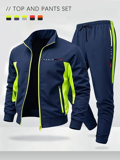 Men's Color Block Sportswear Set with Stand Collar Jacket & Pants
