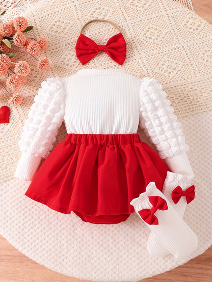 Girls' Sweet Princess Style 3pcs Set with Heart & Bow Detail - Soft Pink & Red Ruffled Sleeves, Bodysuit with Red Bow Skirt & Matching Headband, for Outdoor, Princess Dress For Girls, Princess Dress For Girl