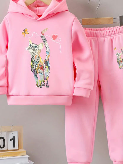 Girls' Autumn and Winter Thickened Hoodie Sports Two-Piece Set, Red Heart Bow Print Hoodie + Pants Outfit, Soft Light Beige-Friendly Fabric, Comfortable Warm Non-Shedding, Suitable for Outdoor Play, School, Holiday Gatherings