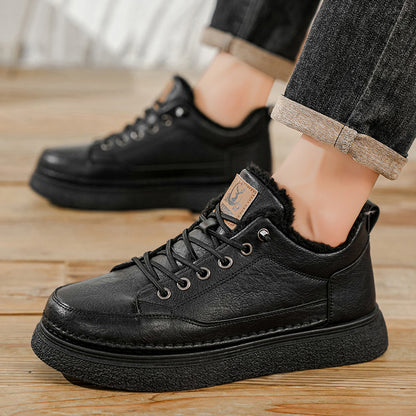 Men's Winter Warm PU -Like Hiking Sneakers with Plush -Like, EVA Cushioned Sole & Rubber Traction Tread - Low-Top Lace-Up Outdoor Shoes for Ice, Snow, Casual Wear (Black/Brown) - Cold Weather