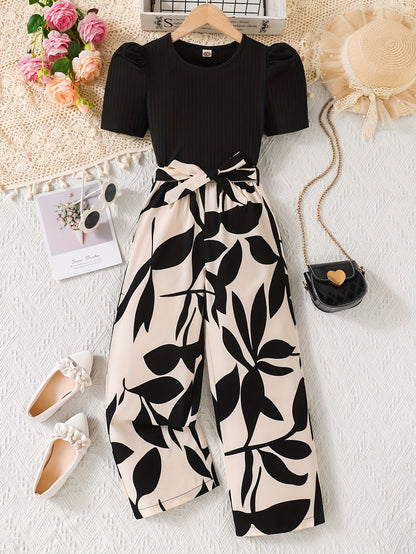 Girls' Summer Floral Top and Wide-Leg Pants Set with Waist Tie
