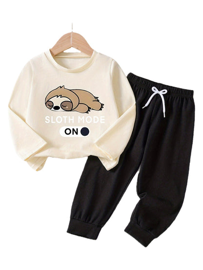 Boys Sloth Print Cotton Set - Casual Spring/Fall Outfit