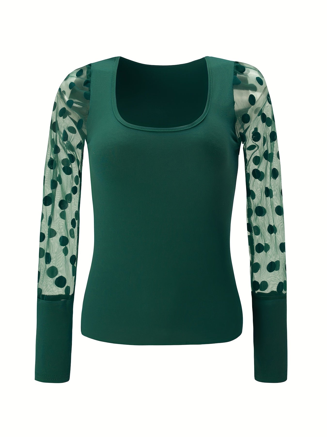 New Style U-Neck Mesh Spliced Polka Dot Long Sleeve Solid Color Fitted Casual Versatile Top