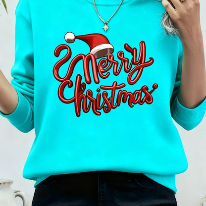 Women's Rich Red Christmas Sweatshirt - Thick Warm Winter Pullover for Holiday Party Outfits, Non-Stretchy Round Neck Sweater, Machine Washable Cold Weather Clothing Gift for Her, Festive Sweater, Santa Hat Design, Soft Textu