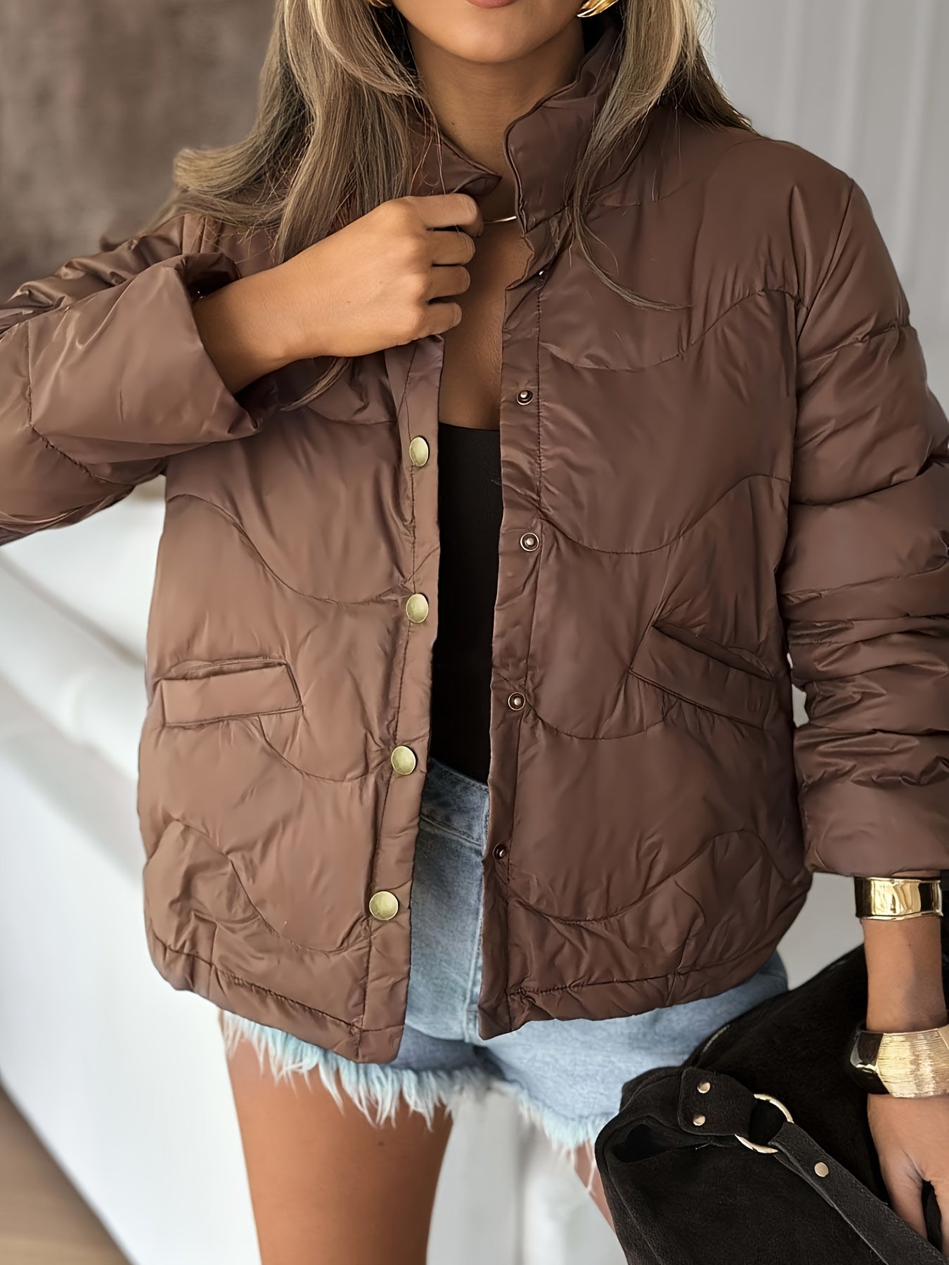 's Elegant Short Winter Jacket - Brown Full-Zip Coat with Golden-Tone Button Closure, Machine Washable Outerwear for Fall & Winter, Casual to Formal Wear (White/Pink/Black/Navy/ Brown) - Jacket Only