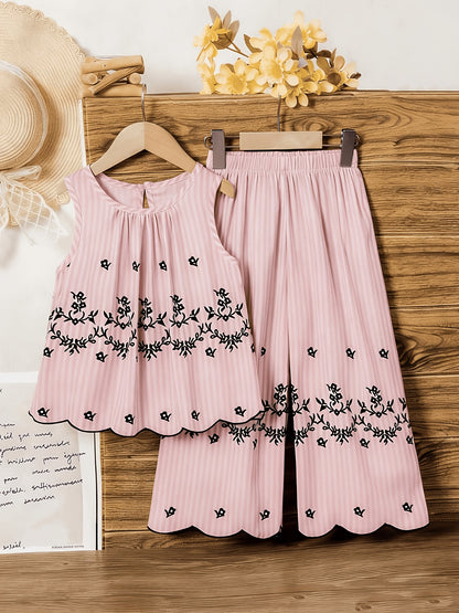 Girls' Retro Floral Striped Sleeveless Top & Wide Leg Pants Set