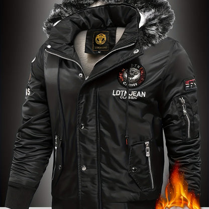 Men'S Heavyweight Winter Jacket with Detachable Hood & 3D Lettering - Full-Zip Windproof Coat, Multi-Pocket Design, Machine Washable