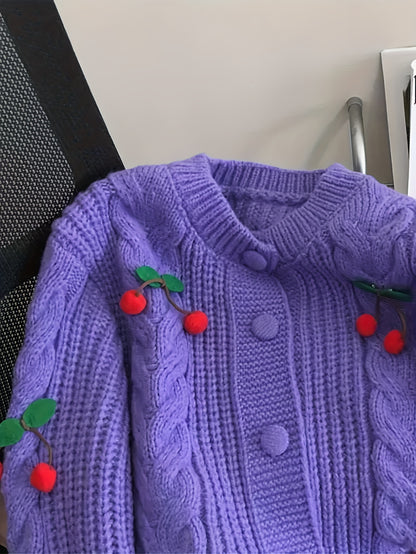 Women'S Purple Cable Cardigan with Cherry & Leaf Embellishments - Cozy Button-Up Sweater for Fall & Winter, Soft & Stylish Design, Perfect for Casual or Holiday Outfits, Winter Cardigan | Cable Cardigan | Buttoned Closure, Sw