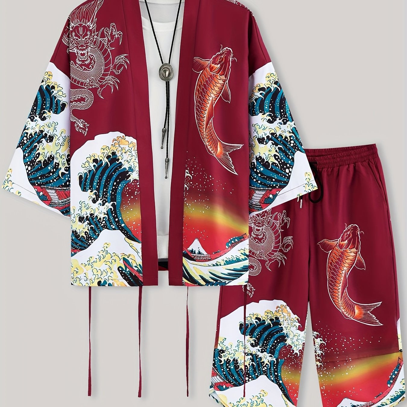 Men's Kimono Set with Carp Leaping Over the Dragon Gate Pattern