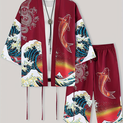 Men's Kimono Set with Carp Leaping Over the Dragon Gate Pattern