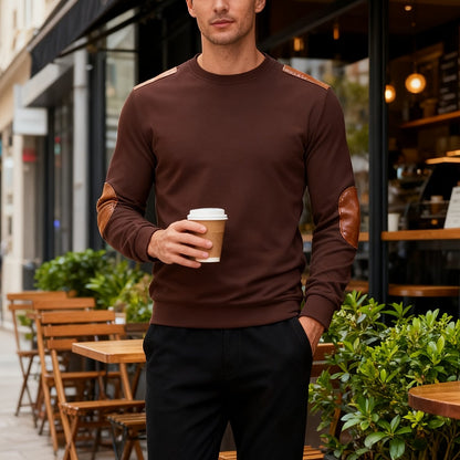 Men'S Classic Fashion Crew Neck Long-Sleeved Top | Light and Comfortable Fabric with Contrast Beige Patches for Enhanced Durability, Regular Fit, Ideal for Daily Leisure, Street Fashion, Outdoor Activities, and Light Fitness