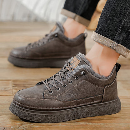 Men's Winter Warm PU -Like Hiking Sneakers with Plush -Like, EVA Cushioned Sole & Rubber Traction Tread - Low-Top Lace-Up Outdoor Shoes for Ice, Snow, Casual Wear (Black/Brown) - Cold Weather