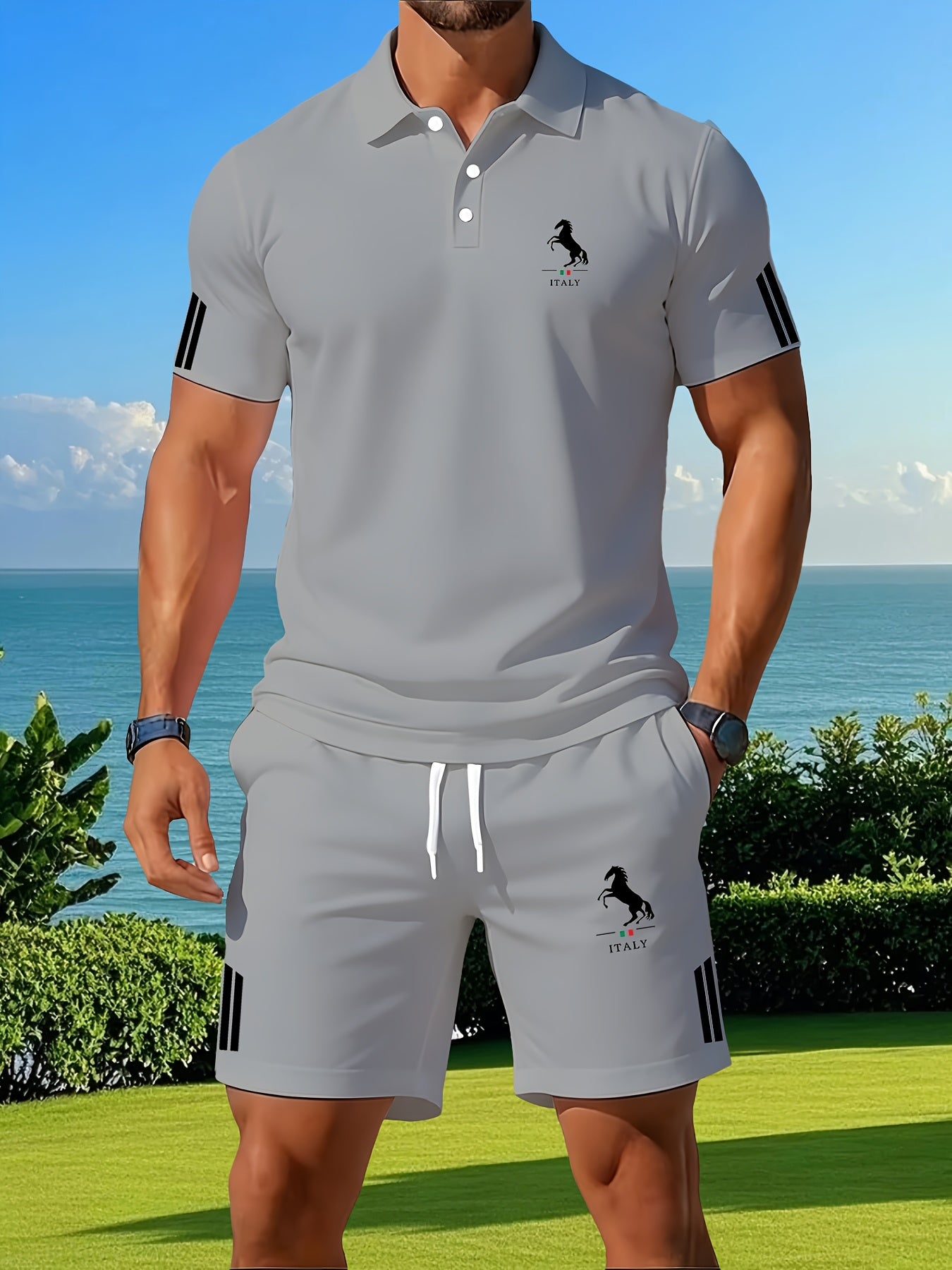 Men's Summer Casual Shirt and Shorts Set with Printed Design