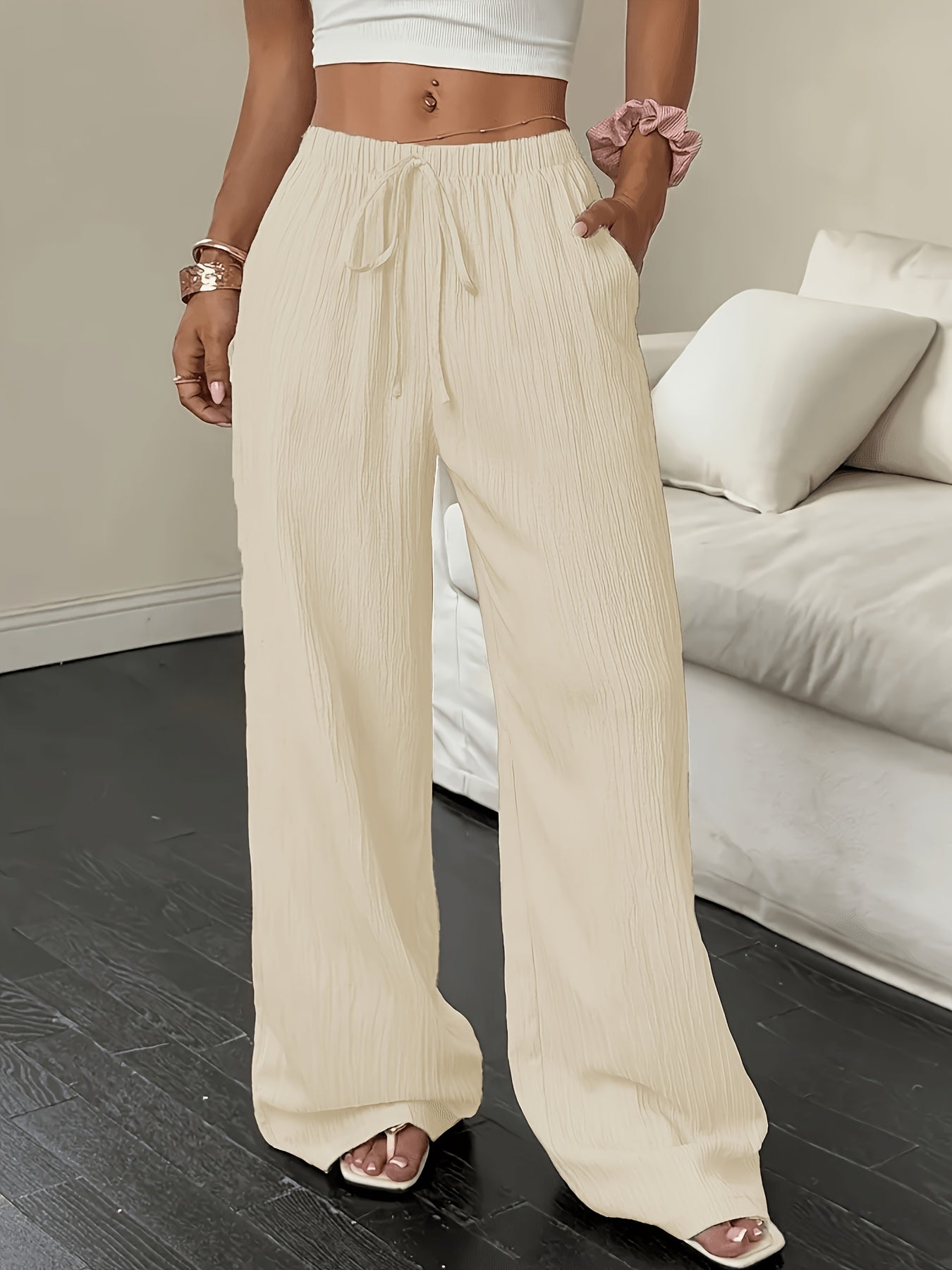 Women's Casual Wide Leg Pants with Elastic Waist and Pockets