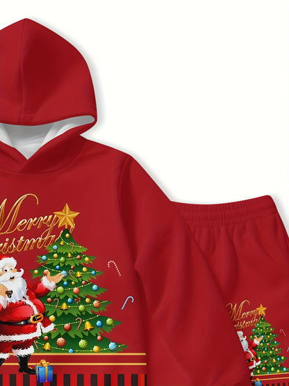 2pcs Boys' Christmas Hoodie & Sweatpants Set - Red Santa Claus & Reindeer Print, 3D Christmas Gift Design, Long Sleeve Pullover & Joggers, Casual Spring/Fall Outdoor, for Outdoor