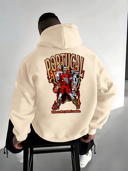 Men's Casual Hooded Pullover with Portugal Football Print