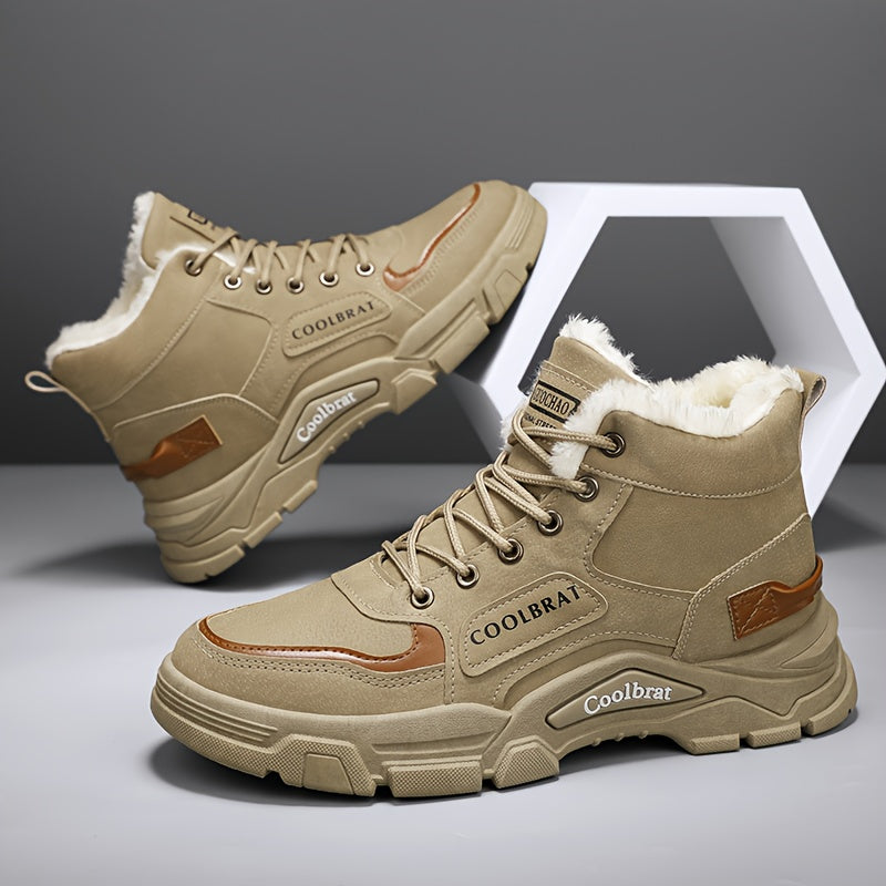 Men's Mid-Calf Winter Boots with -Like Collar & Plush - Heavy-Duty PU Upper, PVC Sole, Lace-Up Ankle for, Outdoor, Casual & Gym - Beige/Tan (Warm Cold Weather Trekking Shoes)