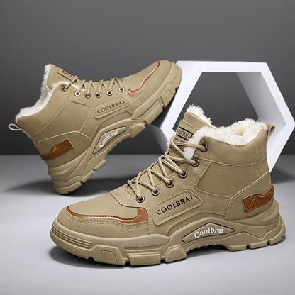 Men's Mid-Calf Winter Boots with -Like Collar & Plush - Heavy-Duty PU Upper, PVC Sole, Lace-Up Ankle for, Outdoor, Casual & Gym - Beige/Tan (Warm Cold Weather Trekking Shoes)