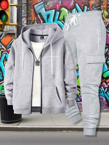 Men's Casual Zip Hoodie and Loose Cargo Pants Set - Breathable Polyest