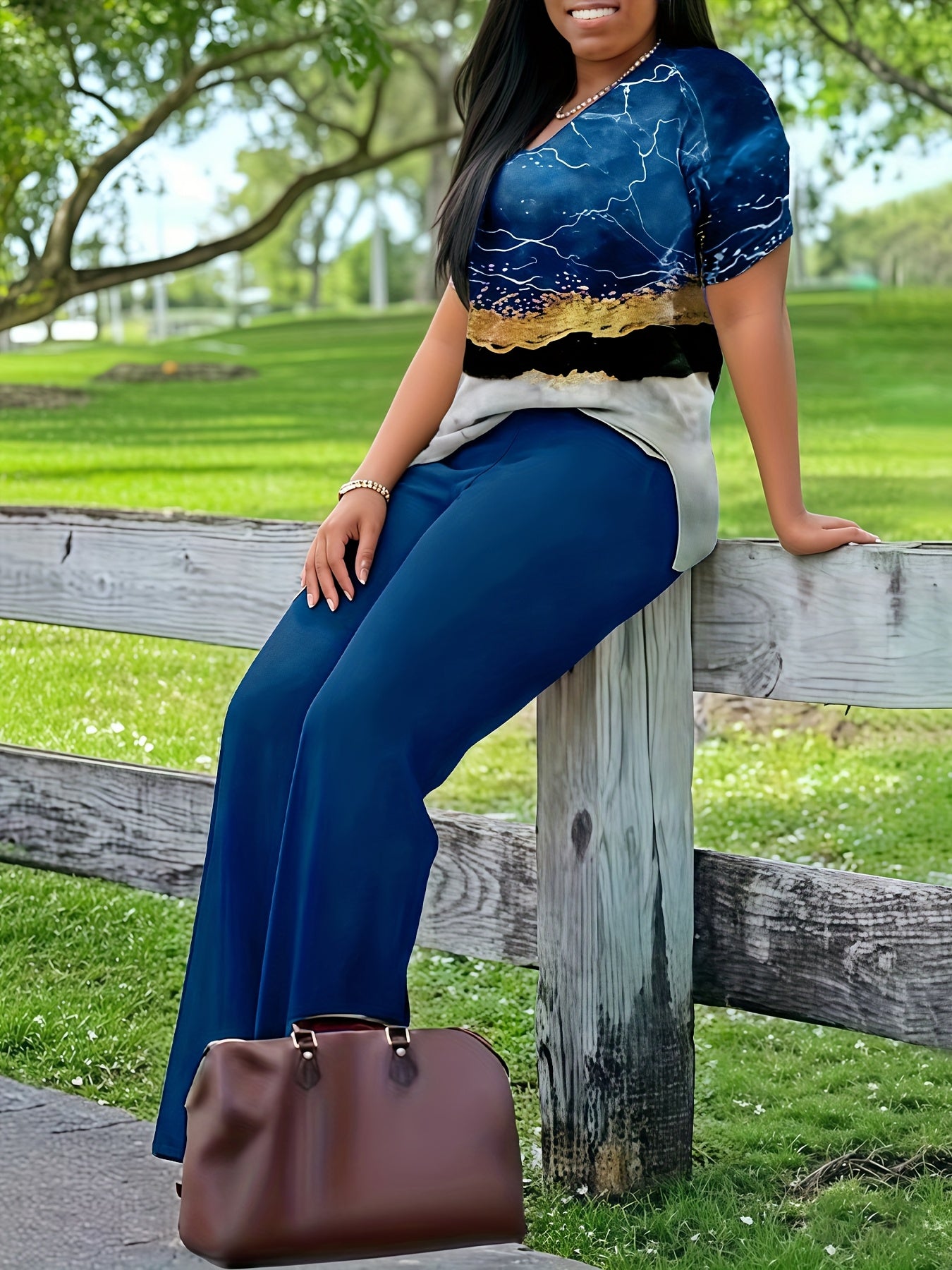 Xi Jun Bamboo Premium Casual Elegant V-Neck Printed Short Sleeve T-Shirt and Pants Two-Piece Set