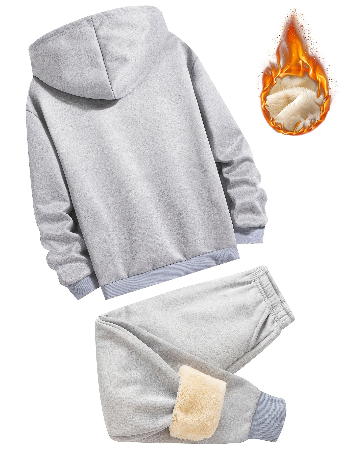 2pcs Boys' Fleece-Lined Hooded Sweatshirt + Casual Pants Set, Solid Color Long-Sleeved Zip-Up Top with Medium Stretch Warm Fabric for Autumn/Winter Season, Perfect for