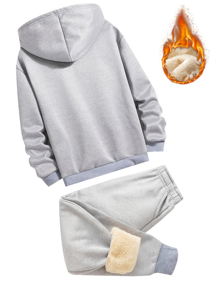 2pcs Boys' Fleece-Lined Hooded Sweatshirt + Casual Pants Set, Solid Color Long-Sleeved Zip-Up Top with Medium Stretch Warm Fabric for Autumn/Winter Season, Perfect for