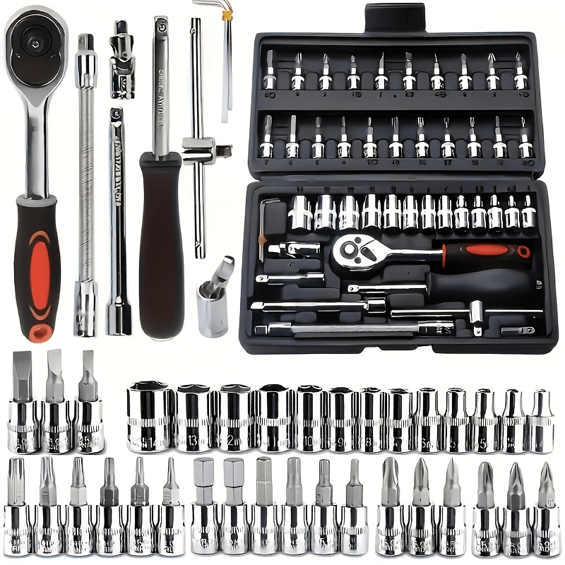 46pcs Heavy-Duty Stainless Steel Tool Set with Precision Ratchet Wrench, Screwdriver Bits & Sockets - All-in-One Mechanic'S Tool Kit with Impact-Resistant, Ergonomic Handle & Storage For Auto, Home