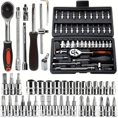 46pcs Heavy-Duty Stainless Steel Tool Set with Precision Ratchet Wrench, Screwdriver Bits & Sockets - All-in-One Mechanic'S Tool Kit with Impact-Resistant, Ergonomic Handle & Storage For Auto, Home