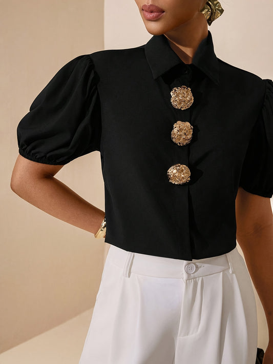 Women's Elegant Solid Color Puff Sleeve Shirt with Metal Buttons