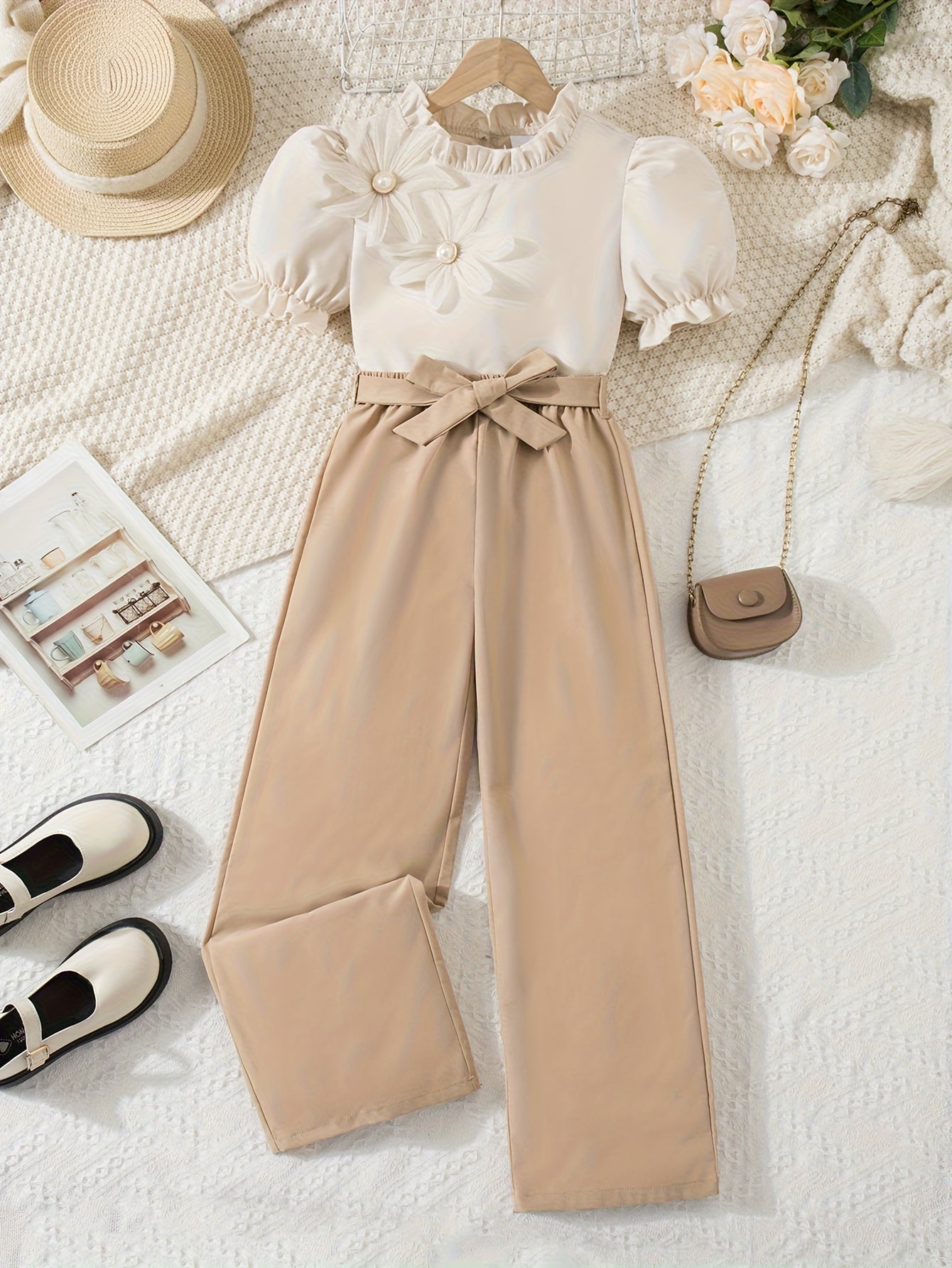 Girls' Casual 2-Piece Short Sleeve Top & Wide-Leg Pants Set