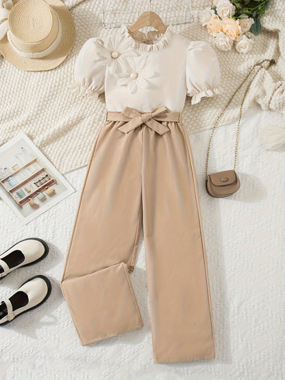 Girls' Casual 2-Piece Short Sleeve Top & Wide-Leg Pants Set