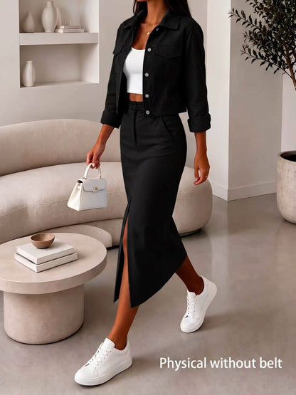 Women’s Casual Two-Piece Set: Midi Skirt & Short Jacket - ayq