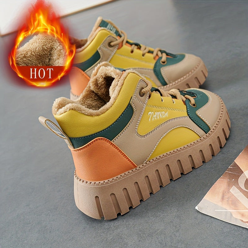 Women's Winter Thermal Snow Boots With Fleece Lining, Height Increasing Platform Thick Sole Comfortable Lace Up Mid Tube Boots