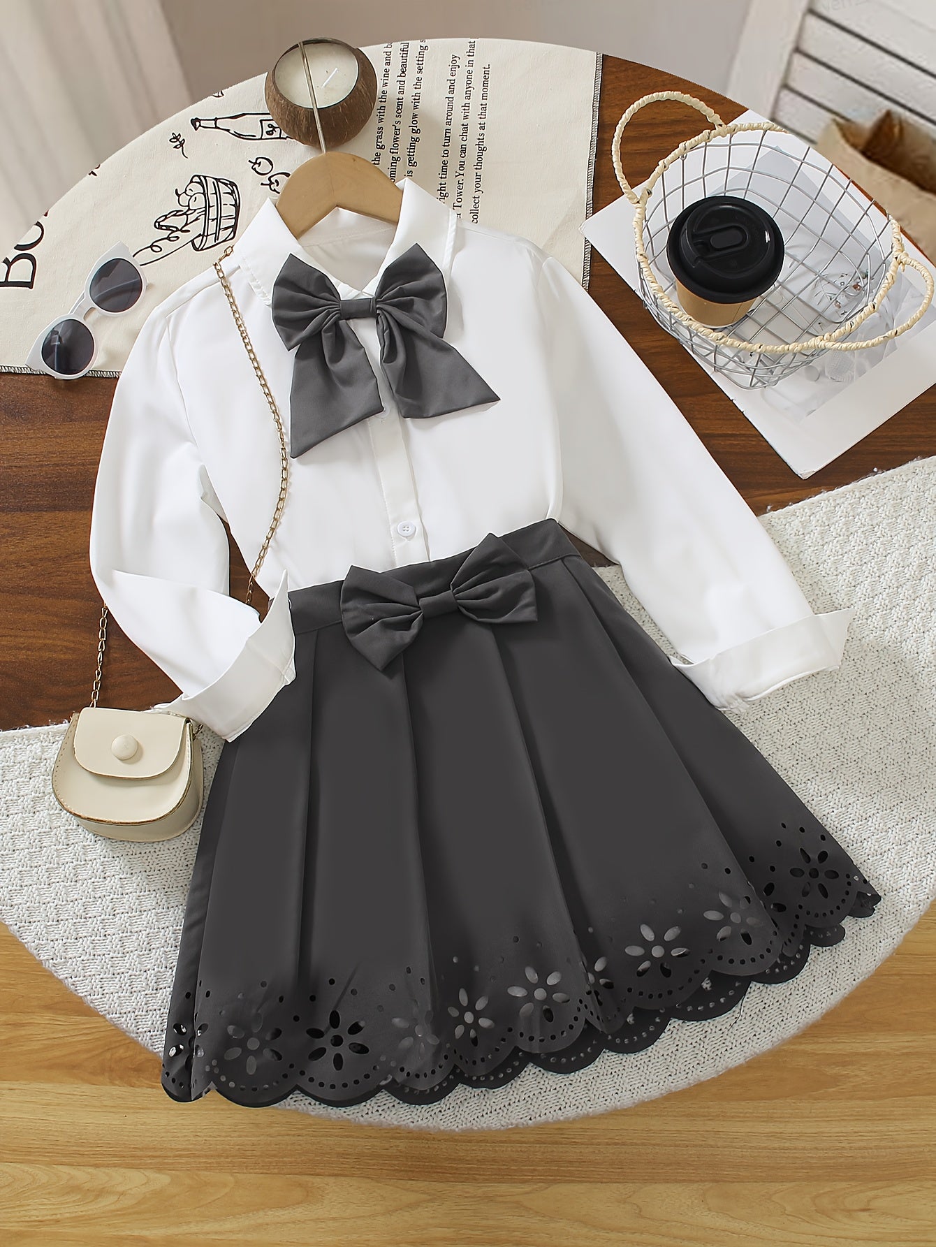 Girls' Preppy 2-Piece Set: Bow Button-Up Shirt & Pleated Skirt