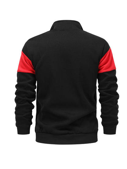 Men's Casual Stand Collar Zip-Up Fleece Jacket with Color Block