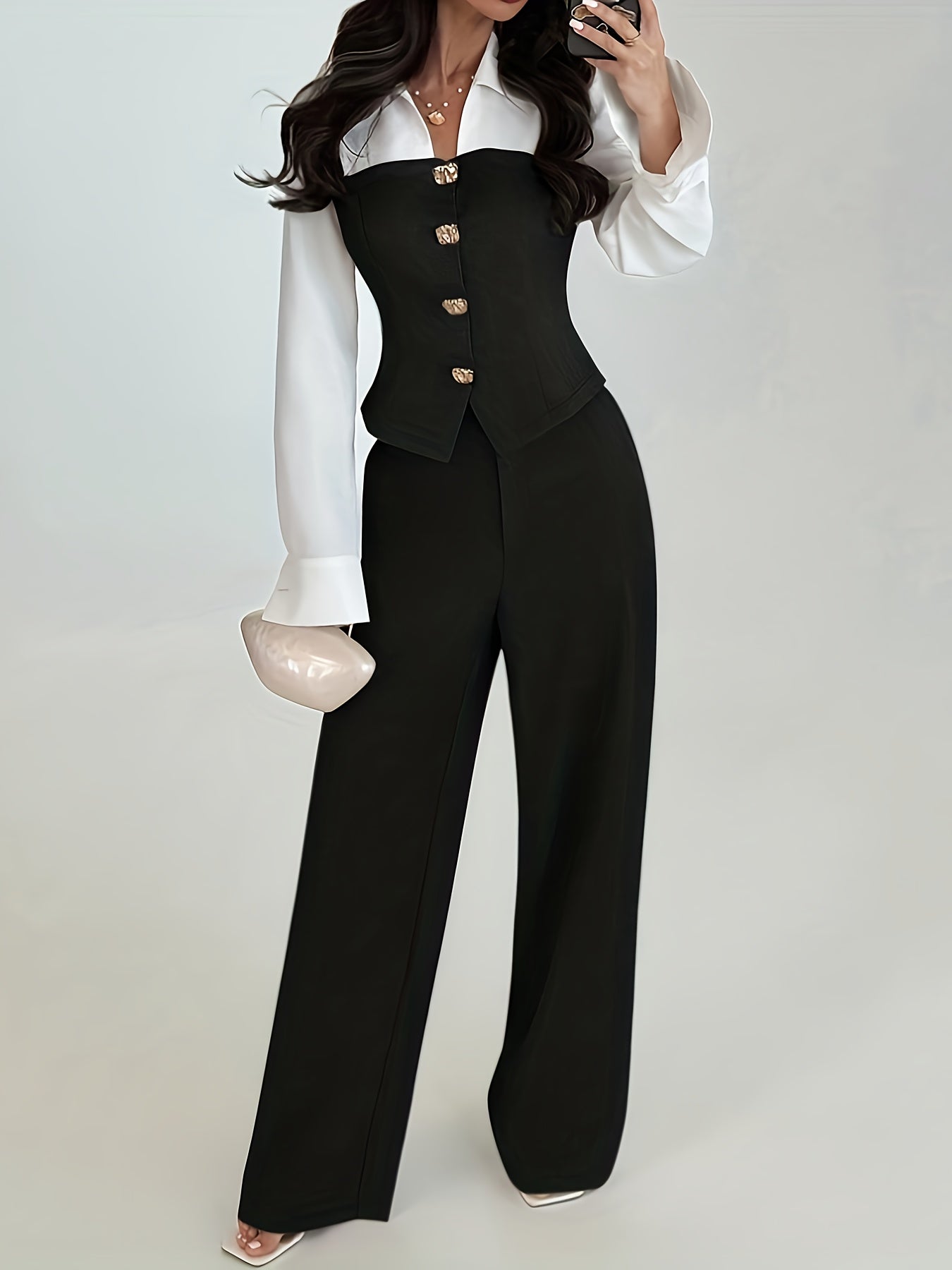 A Casual And Elegant Two-Piece Set, Featuring a Patchwork Shirt And Loose Straight-Leg Pants. Autumn Women'S Wear, Suitable for Commuting, Teaching, Back-To, Old Money Style, And Women'S Casual Office Attire