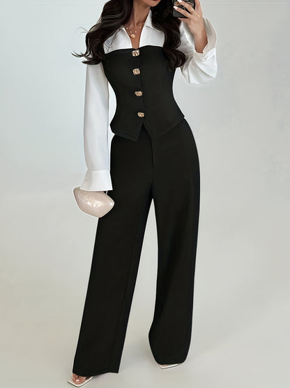 A Casual And Elegant Two-Piece Set, Featuring a Patchwork Shirt And Loose Straight-Leg Pants. Autumn Women'S Wear, Suitable for Commuting, Teaching, Back-To, Old Money Style, And Women'S Casual Office Attire