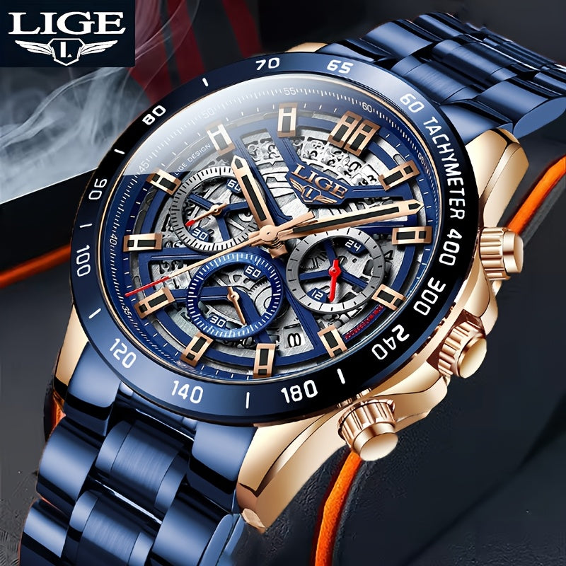 LIGE Watch, Fashion Teen Men's Watches, Multifunctional Stainless Steel Quartz Watches, Waterproof Watches, for Sports, College Various Scenes, Holiday Gifts, Party Gifts, Birthday Gifts, Black Blue Watches