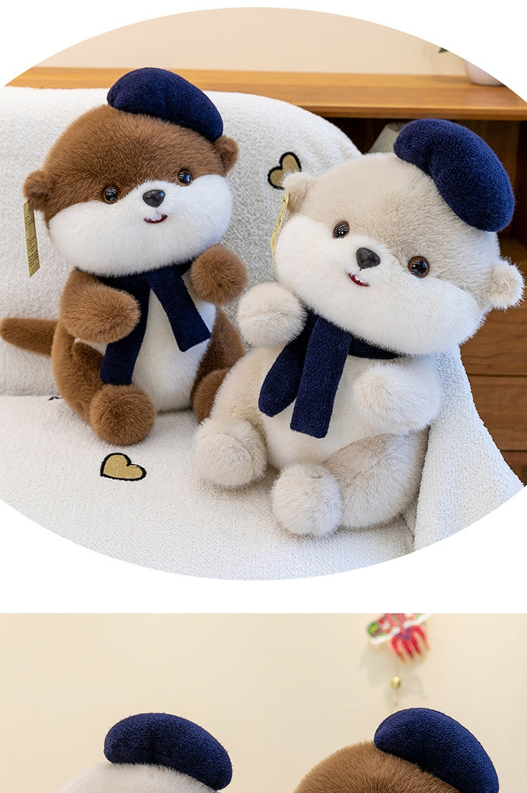 Cute Beret Beaver Plush Toy | Soft Stuffed Animal Doll with Scarf, Adorable Beaver Plushie Birthday Gift for Girls and Children, Polyester Fiber, and Dark Brown