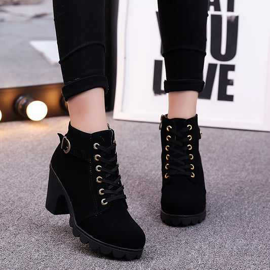Women's Chunky platform heel Boots - Lace-up closure, Faux Cover Round-toe boots with, Thick Platform Sole for Dresses, Jeans, Party Outfits - All-Season Everyday  Formal Shoes, Stylish Outfit Additions, Side Zipper Detail,
