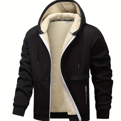 1pc Men'S Casual Style Hooded Jacket, Thick Fleece Lined, Warm